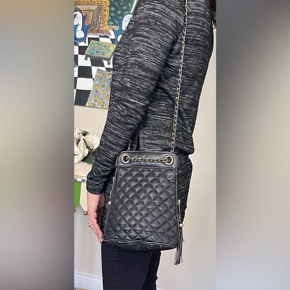 Black Quilted Shoulder Bag with Tassel and Chain Strap